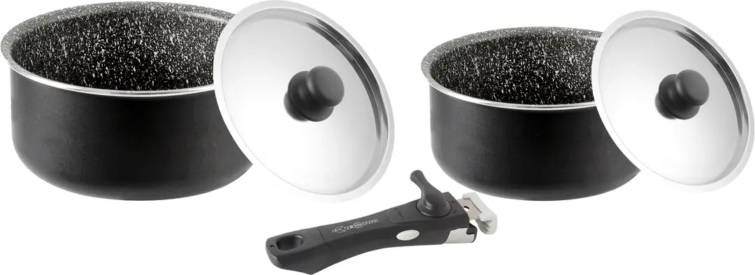 Brunner Pirate Pot Topfset 5-teilig Stone Rock Antihaftbeschichtung und abnehmbarer Griff