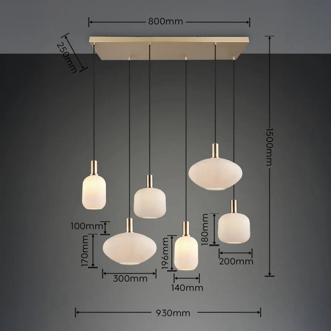 Reality Leuchten Hängelampe Emelie, 6-fl., goldfarben/weiß, Metall, Glas, E27