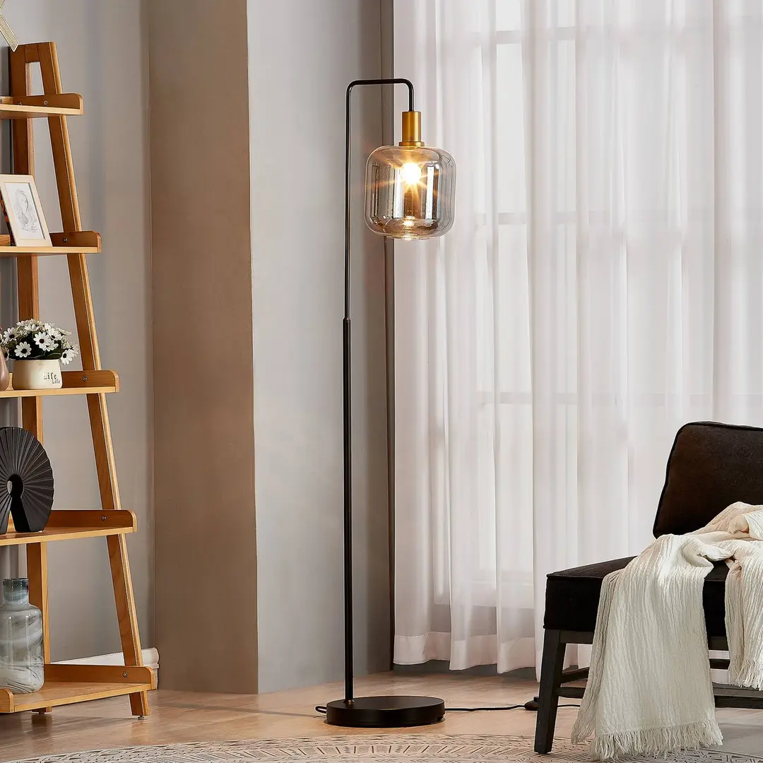 Lindby Stehlampe Nimbora, 150 cm, schwarz, Glas, Metall