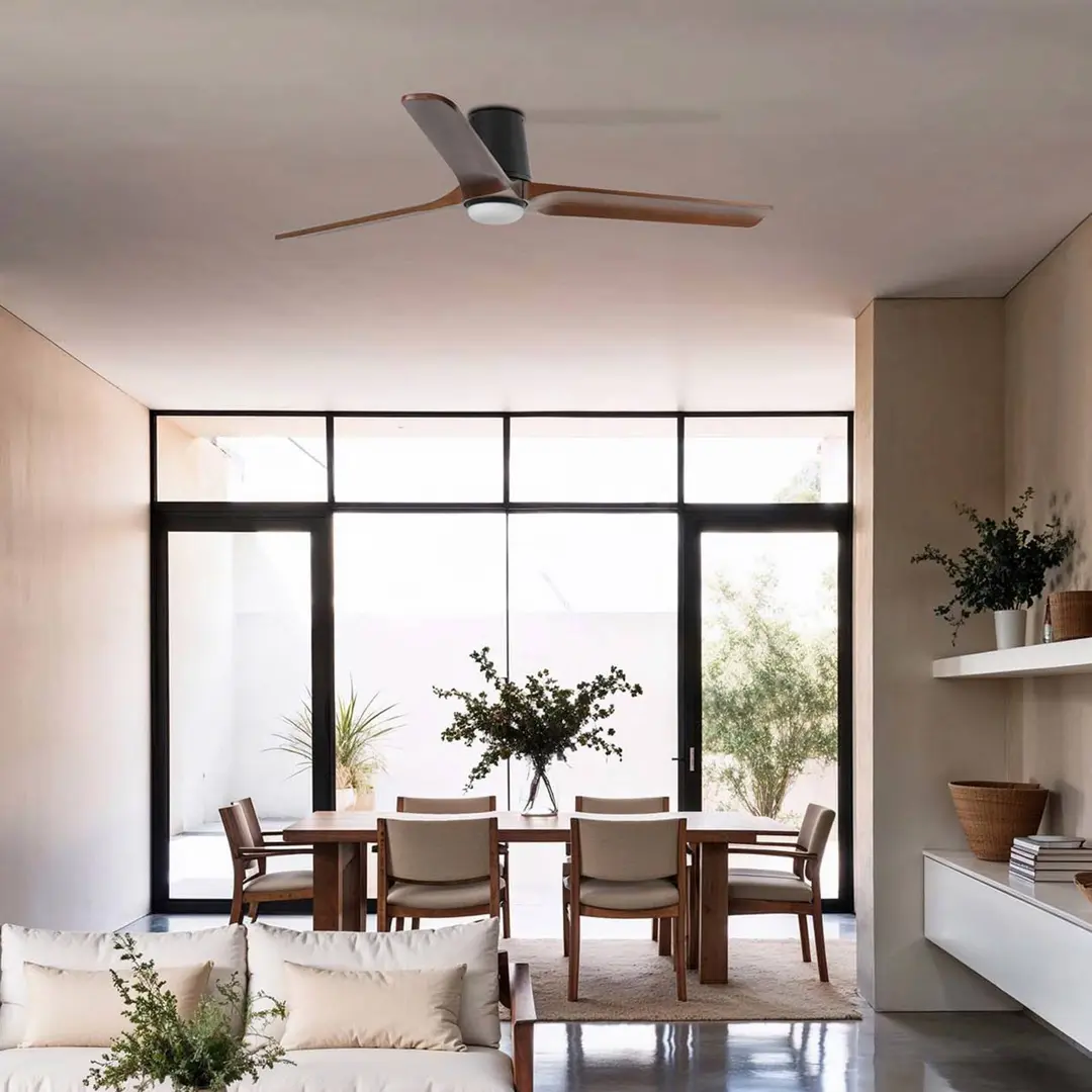 FARO BARCELONA LED-Deckenventilator Heywood L, schwarz/holz, DC, leise