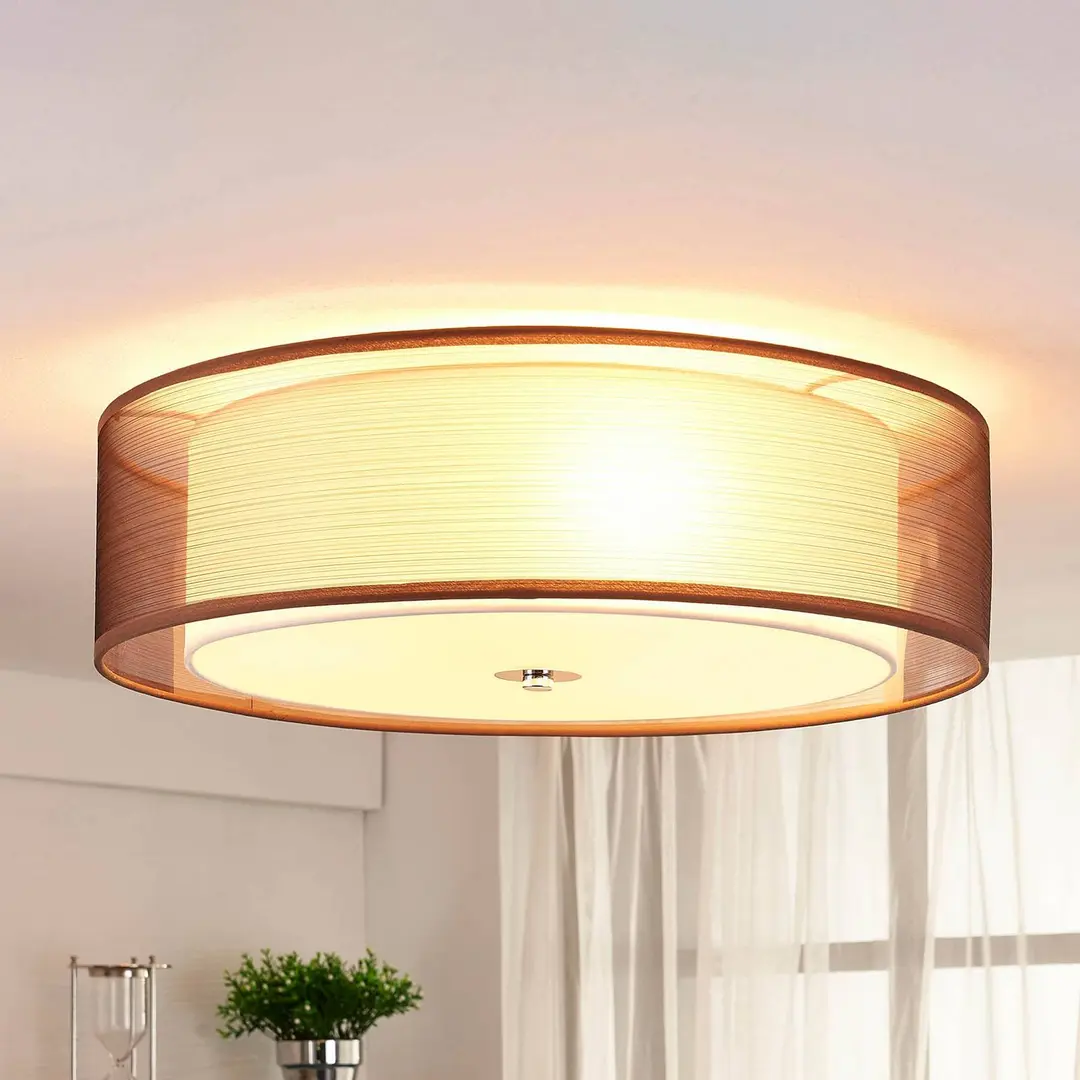 Lindby Deckenlampe Tobia, braun, Textil, Ø 50 cm, E27