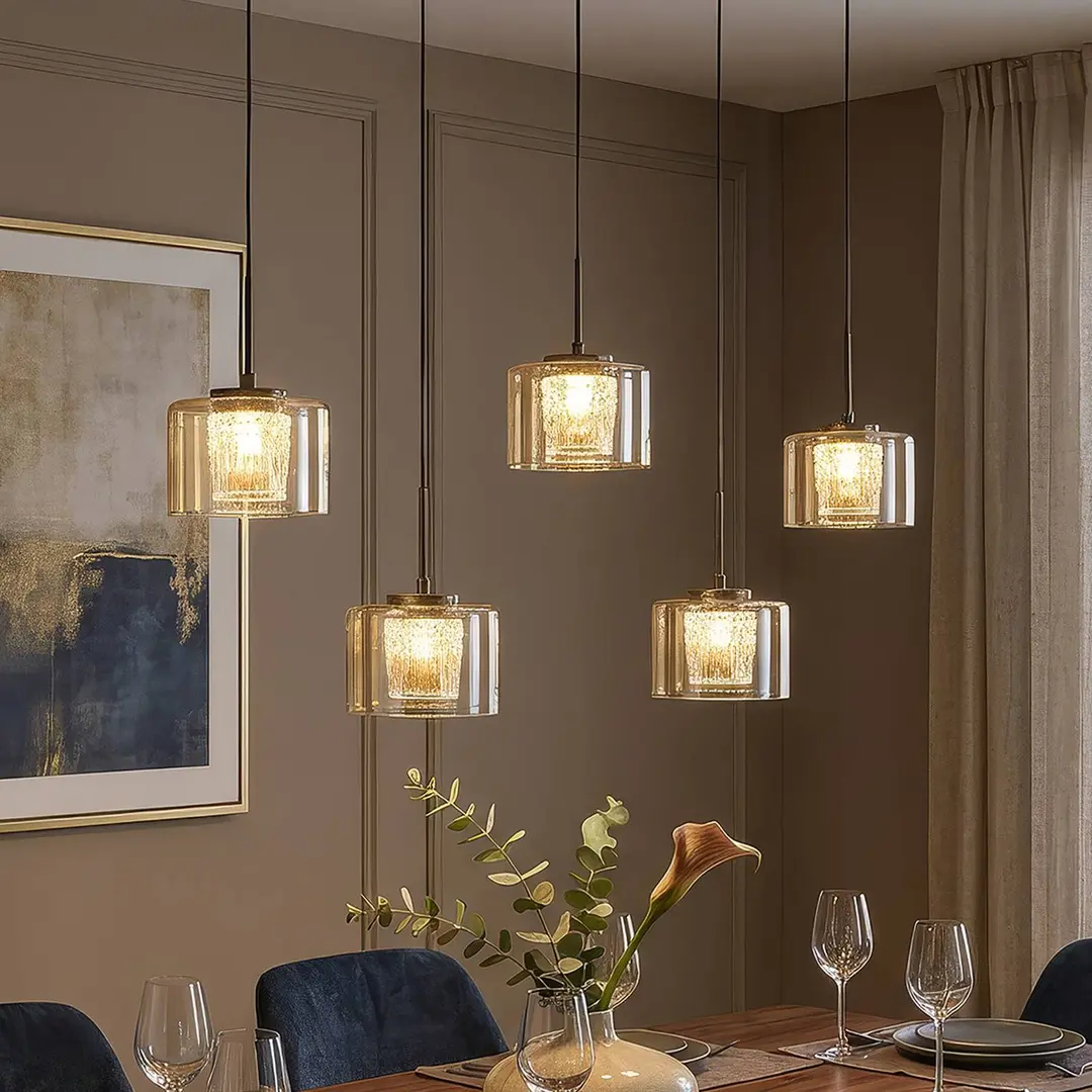 Searchlight LED-Hängeleuchte Tumblers, 5-fl. lang, bronze, Glas, 3.000 K