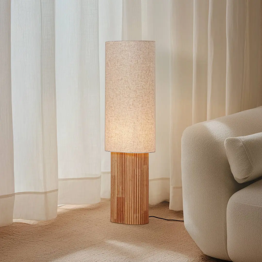 Lindby Stehleuchte Kimiko, Höhe 100 cm, Holz, Textil, E27