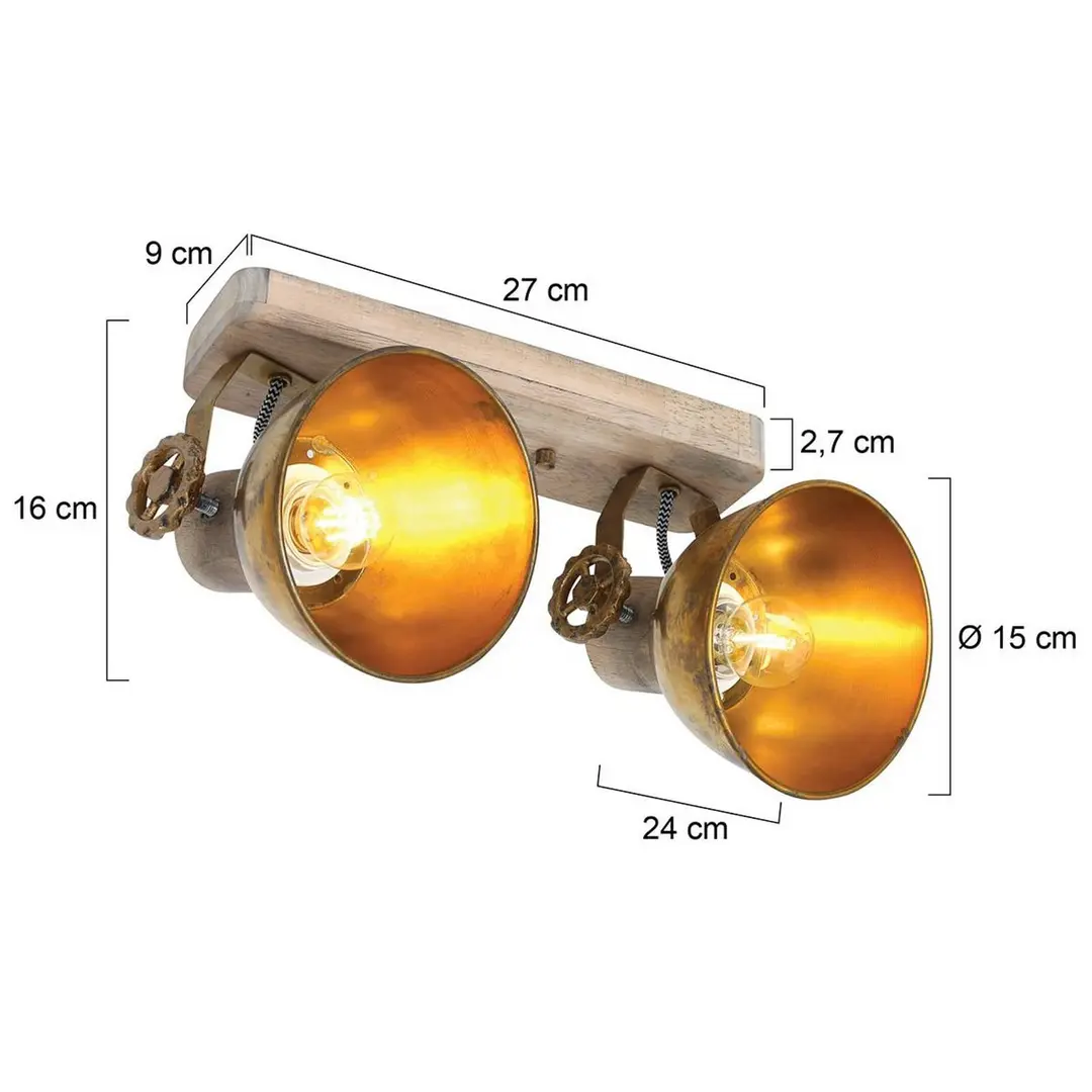 Steinhauer Deckenspot Gearwood bronze/holz hell, 2-flg., Länge 32 cm