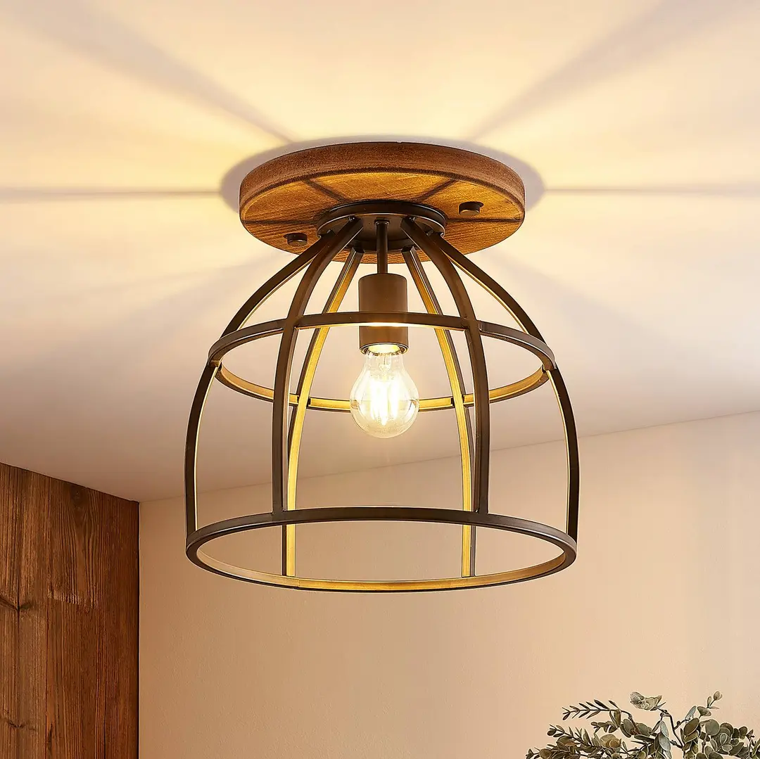 Lindby Deckenstrahler Rutger, Ø 34 cm, Holz, Käfig, E27