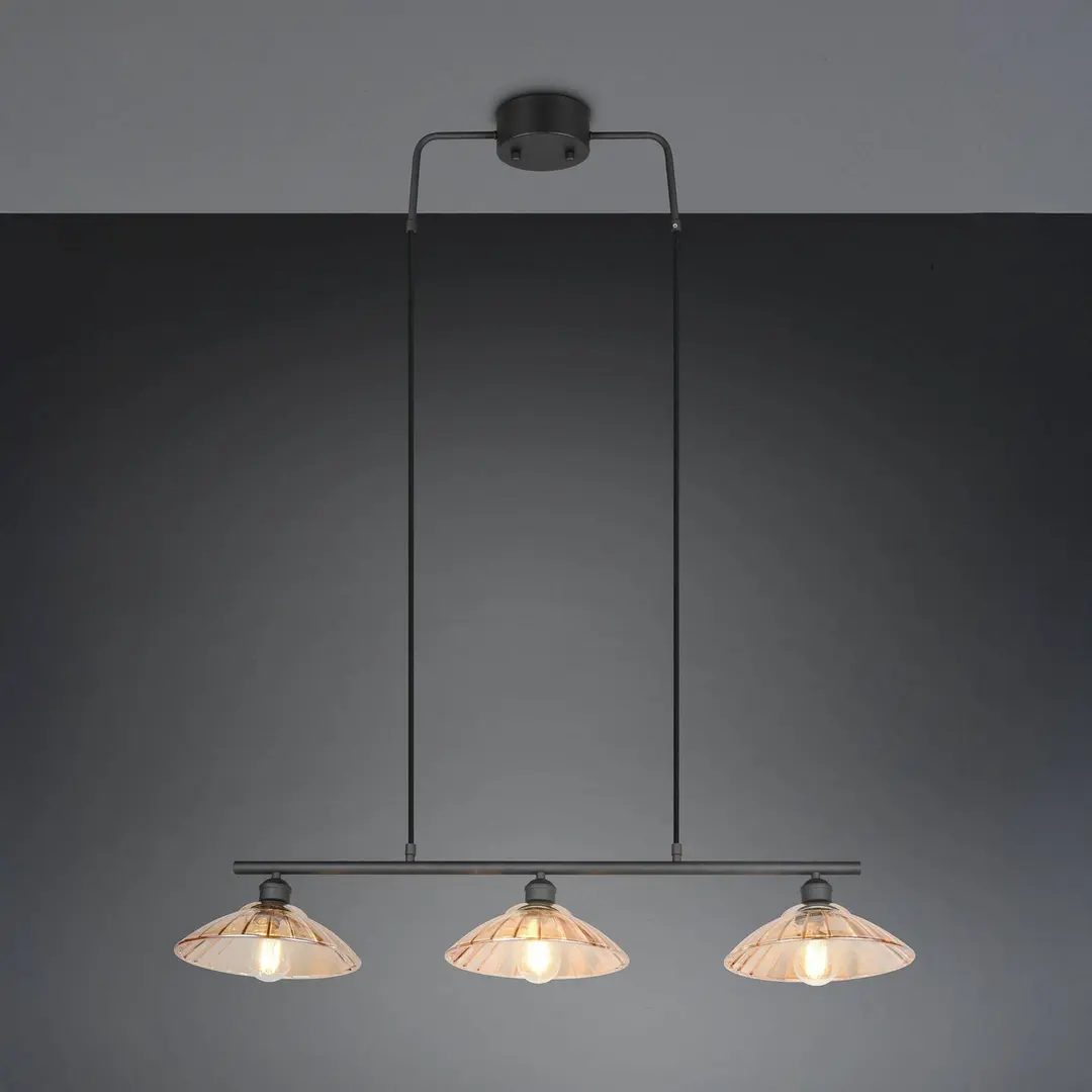 Reality Leuchten Hängelampe Eluna, amber/schwarz, 100 cm, Glas/Metall, 3-flg.