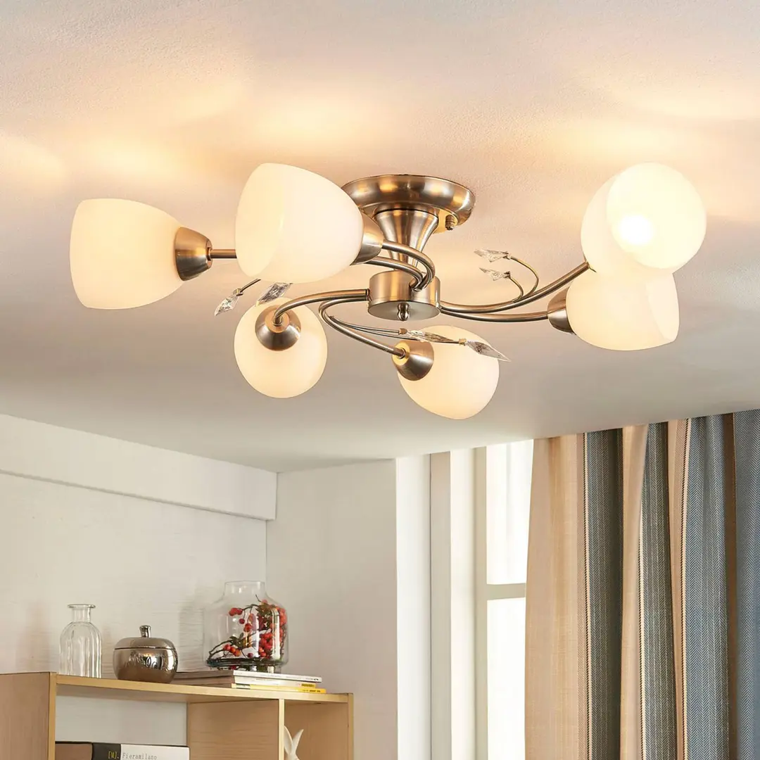 Lindby Deckenleuchte Tatas, Ø 64 cm, nickel, 6-flammig, Glas