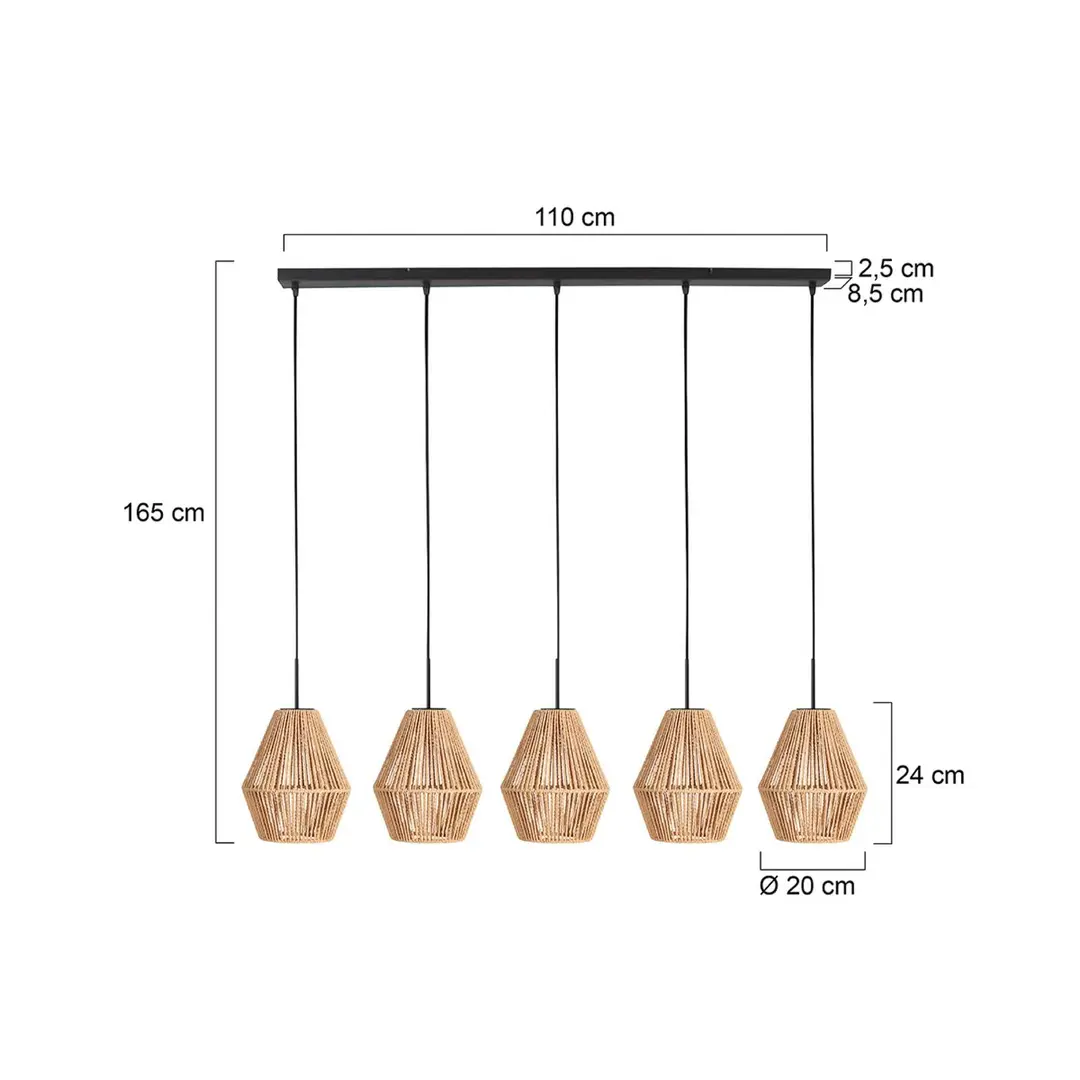 Anne Light Hängeleuchte Ropex 4531, 5fl. lang, schwarz, Seil braun