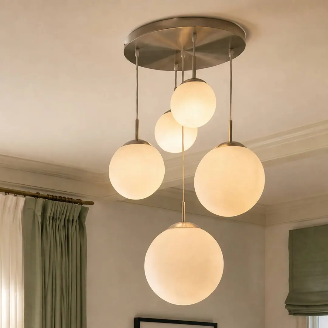 Lindby Hängeleuchte Heleska, weiß, Glas, 5-flg., Ø 50 cm