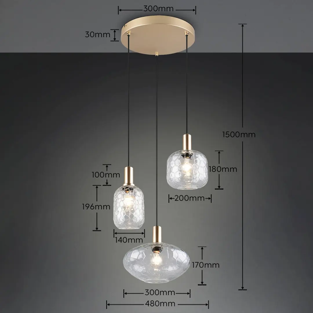 Reality Leuchten Hängelampe Emelie, 3-fl., goldfarben/klar, Metall, Glas, E27