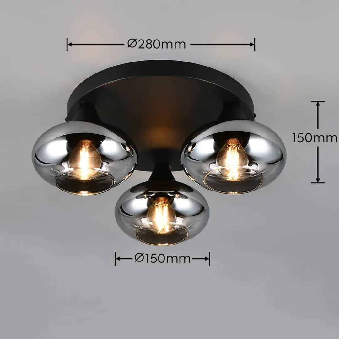 Reality Leuchten Deckenleuchte Divina, rauchfarbig, Ø 39 cm, 3-flammig, Glas