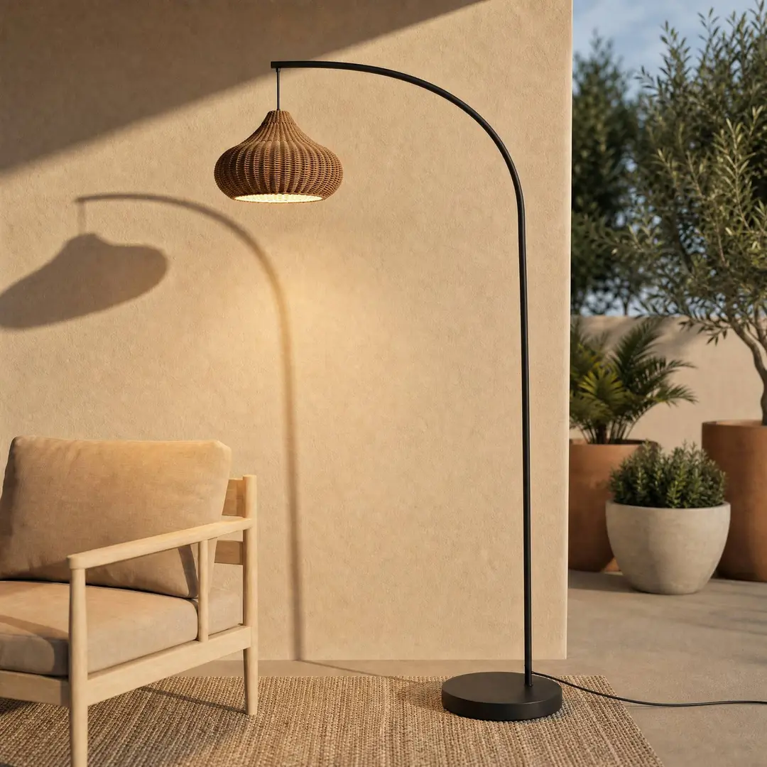 Lucande Außenstehleuchte Taniola, beige, Rattan, 195cm, IP44