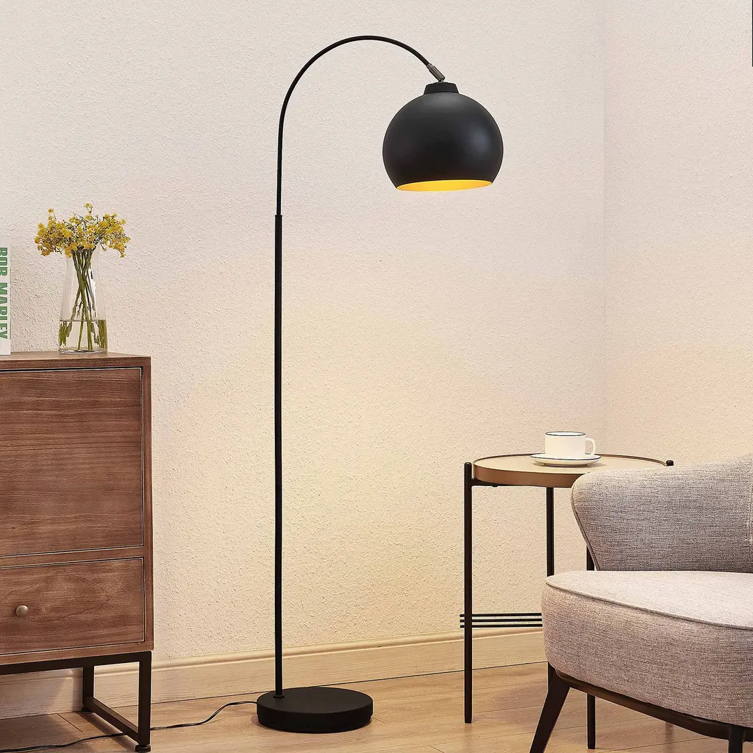 Lindby Bogenlampe Minali, schwarz, Metall, 148 cm hoch, E27