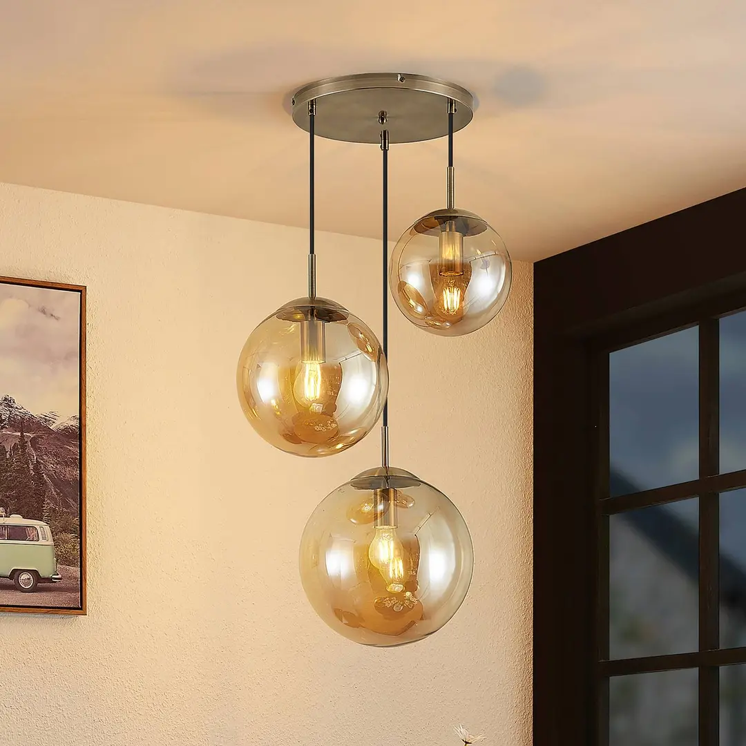 Lindby Hängeleuchte Teeja, amber, 3-flg., Ø52cm, Glas, E27