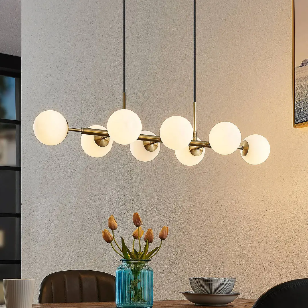 Lindby Hängeleuchte Kiamo, 83 cm, messing, weiß, Glas, G9