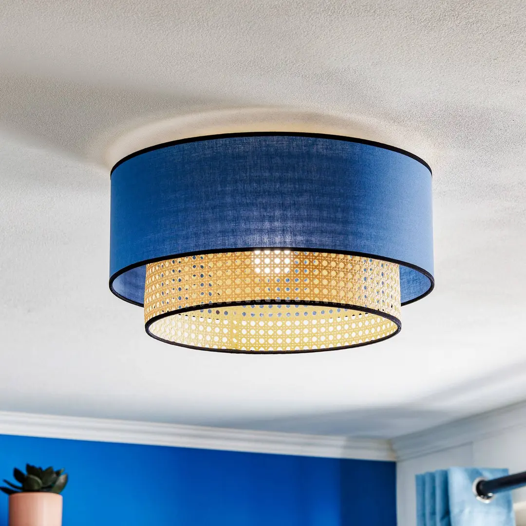Duolla Deckenlampe Boho, blau/holz/schwarz, Ø 45 cm, Textil/Rattan