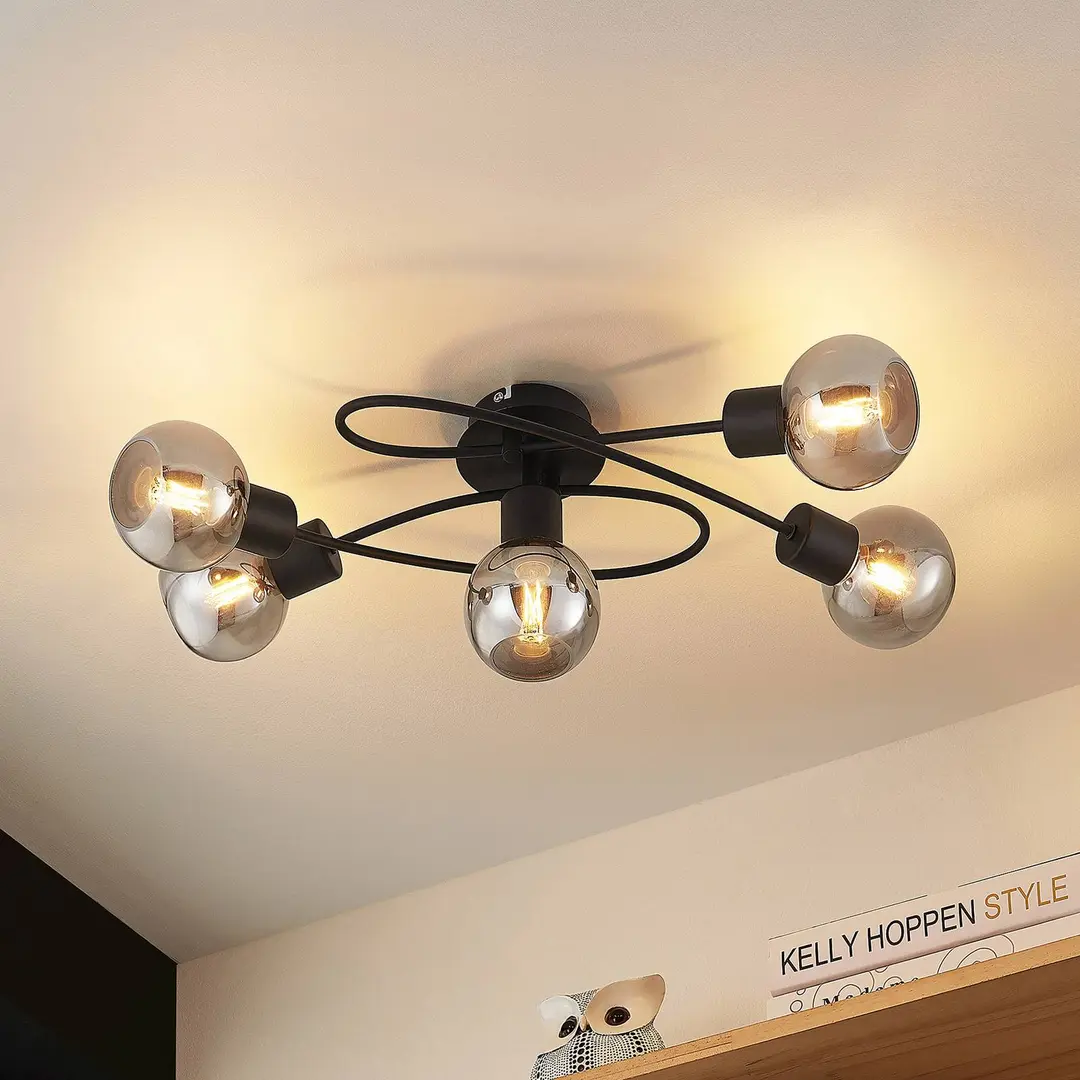 Lindby Deckenlampe Elaina, 66 cm, 5-flg., schwarz/rauch, E14