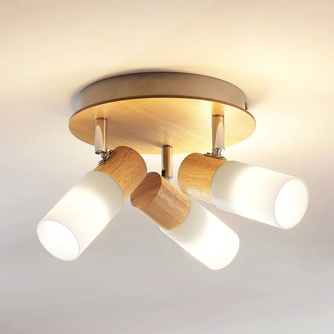Lindby Deckenstrahler Christoph, 20 cm, 3-flg, Holz, Rondell