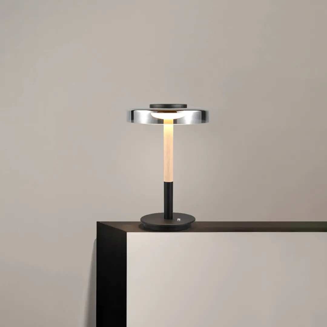 Trio Lighting LED-Tischlampe Celeste chrom/holz 35 cm Glas/Metall Touchdim
