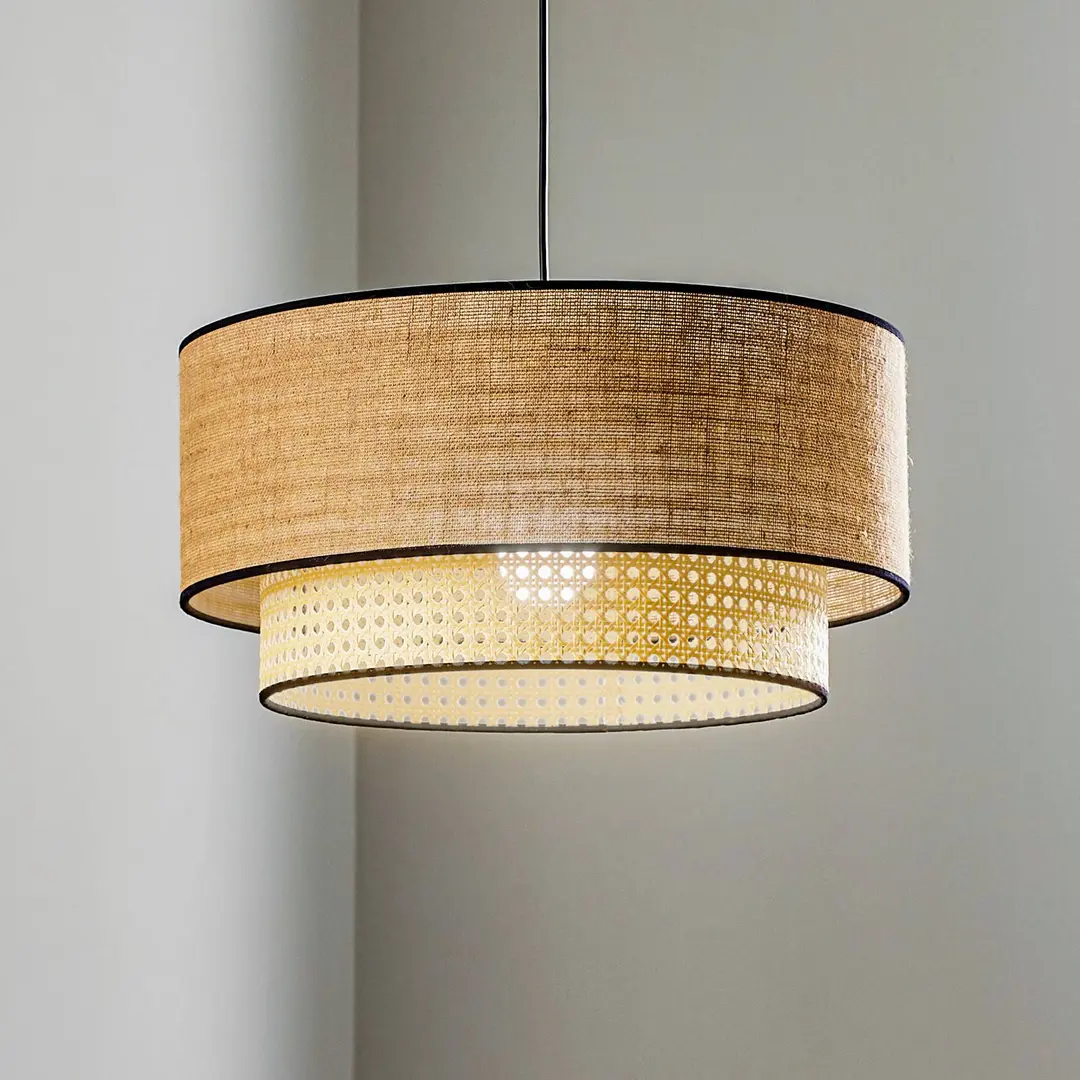 Duolla Hängeleuchte Boho, braun/holz, Ø 45 cm, Textil/Rattan