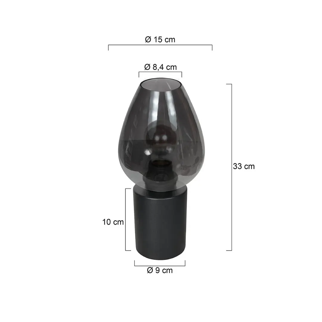 Mexlite Tischlampe Bloeba, schwarz/rauchgrau, Ø 15 cm, Glas Tropfen