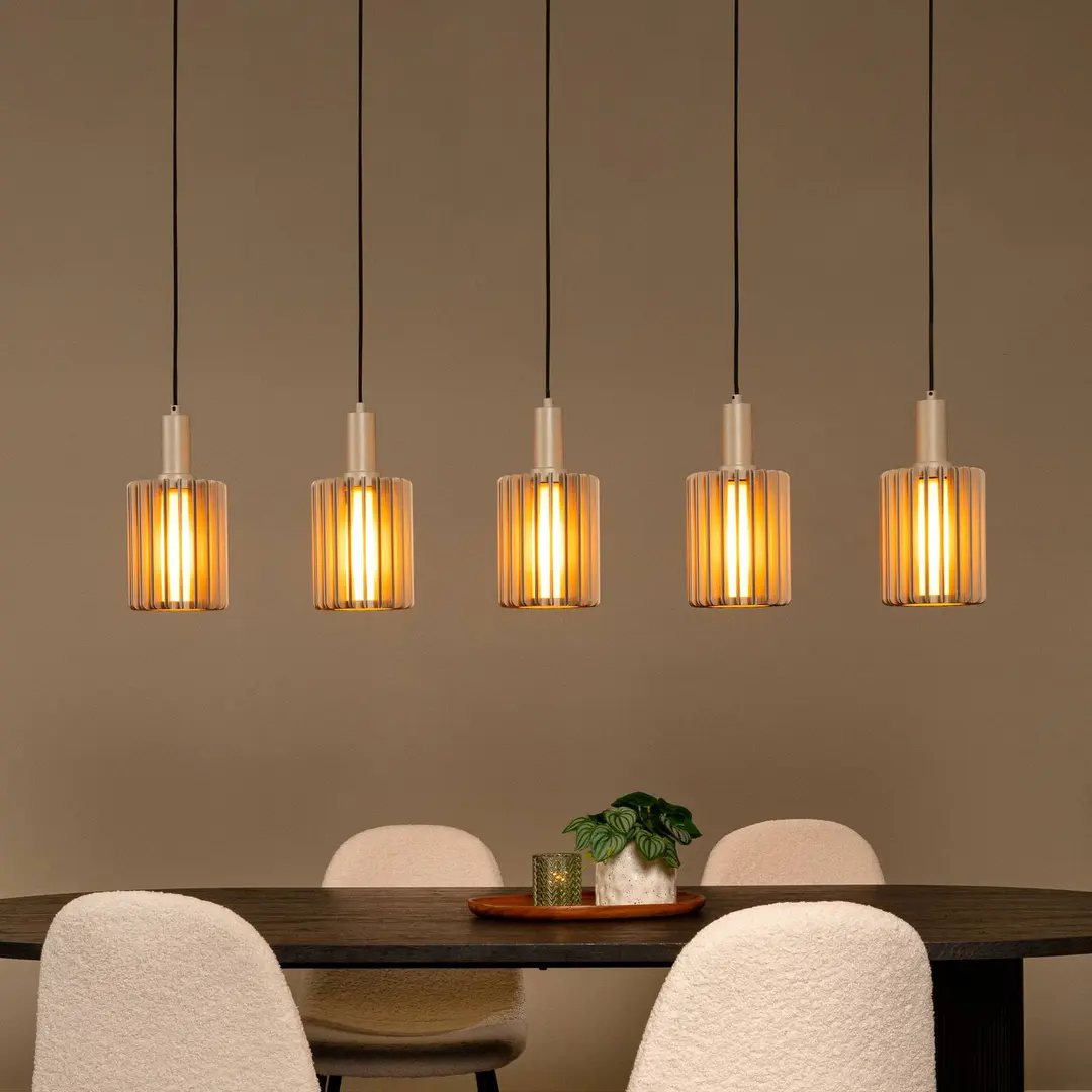 Lucide Pendellampe Lambres, taupe, Länge 164 cm, Glas/Metall 5-flg.