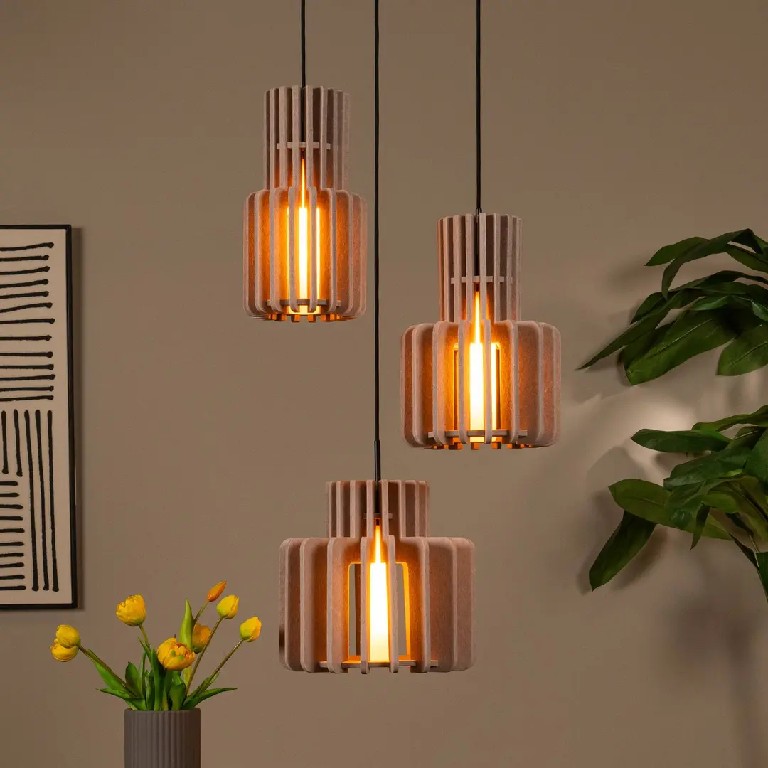 Lucide Hängelampe Rollo, taupe, Ø 50 cm, Stoff/Metall/Glas, 3-flg.