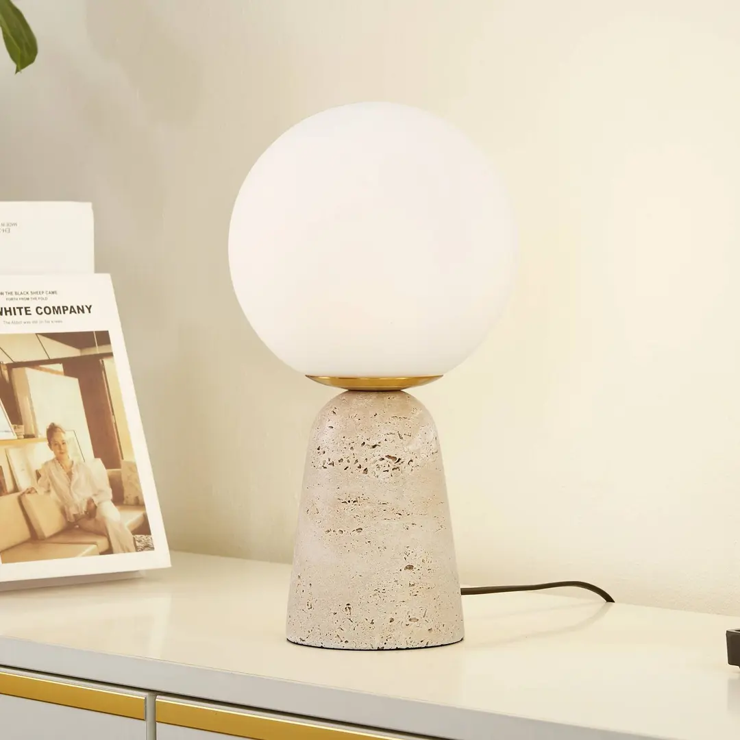 Lindby Tischleuchte Kirstan, beige, weiß, Glas, Stein, 33 cm