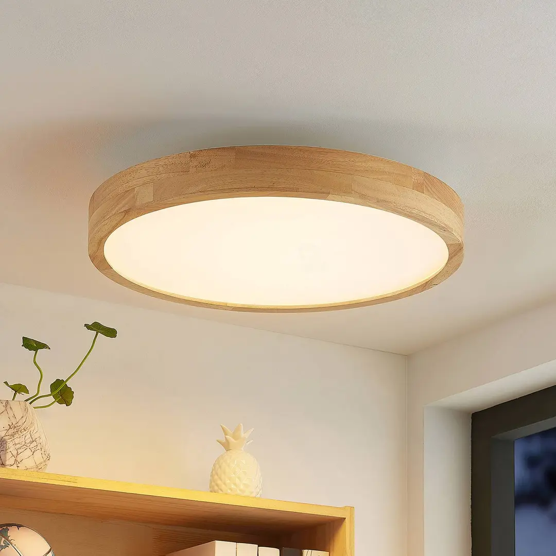 Lindby LED-Deckenlampe Lanira, Ø 50 cm, Holz, Remote, CCT