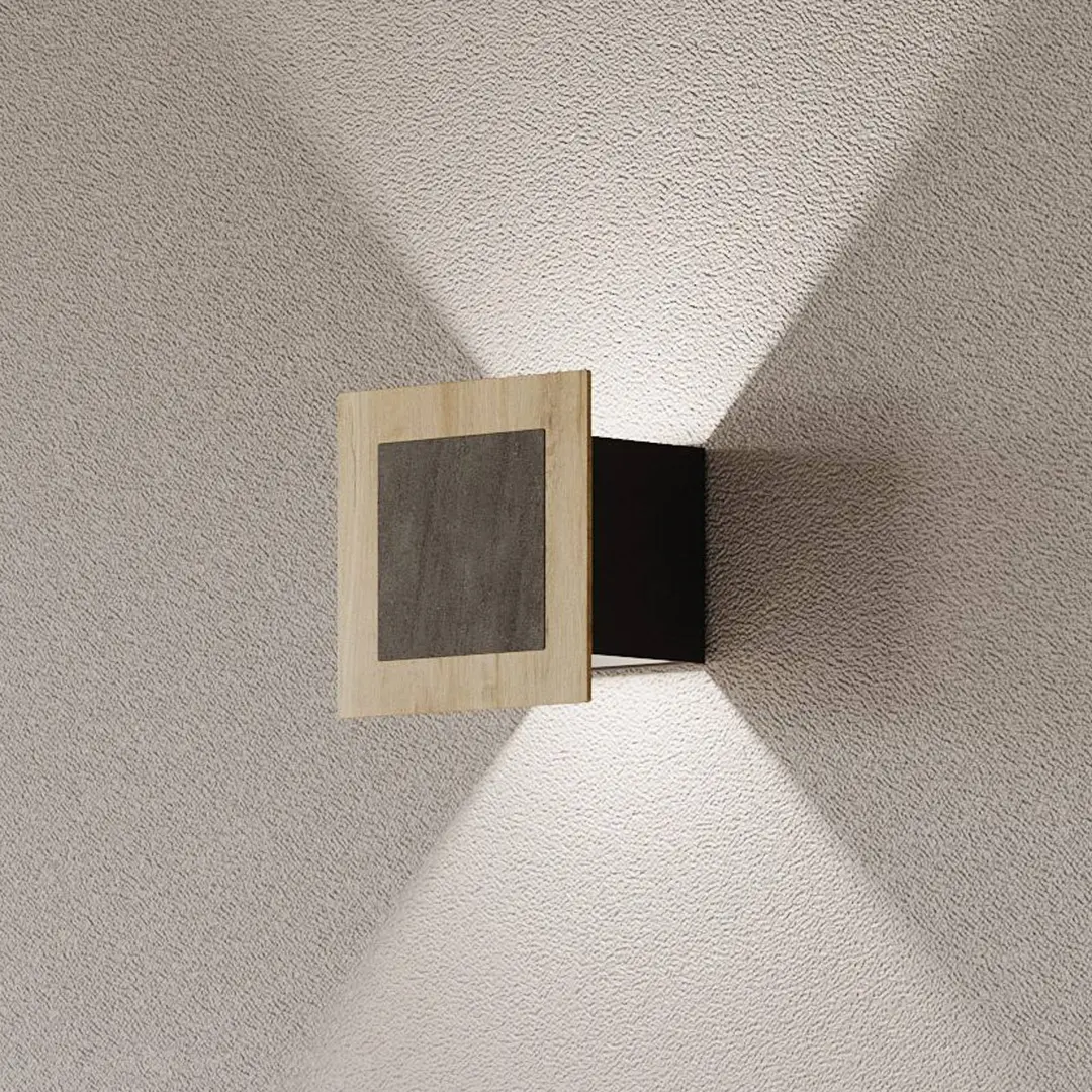 Elobra LED-Wandleuchte Chile S, eiche/granit, Höhe 15 cm, dimmbar