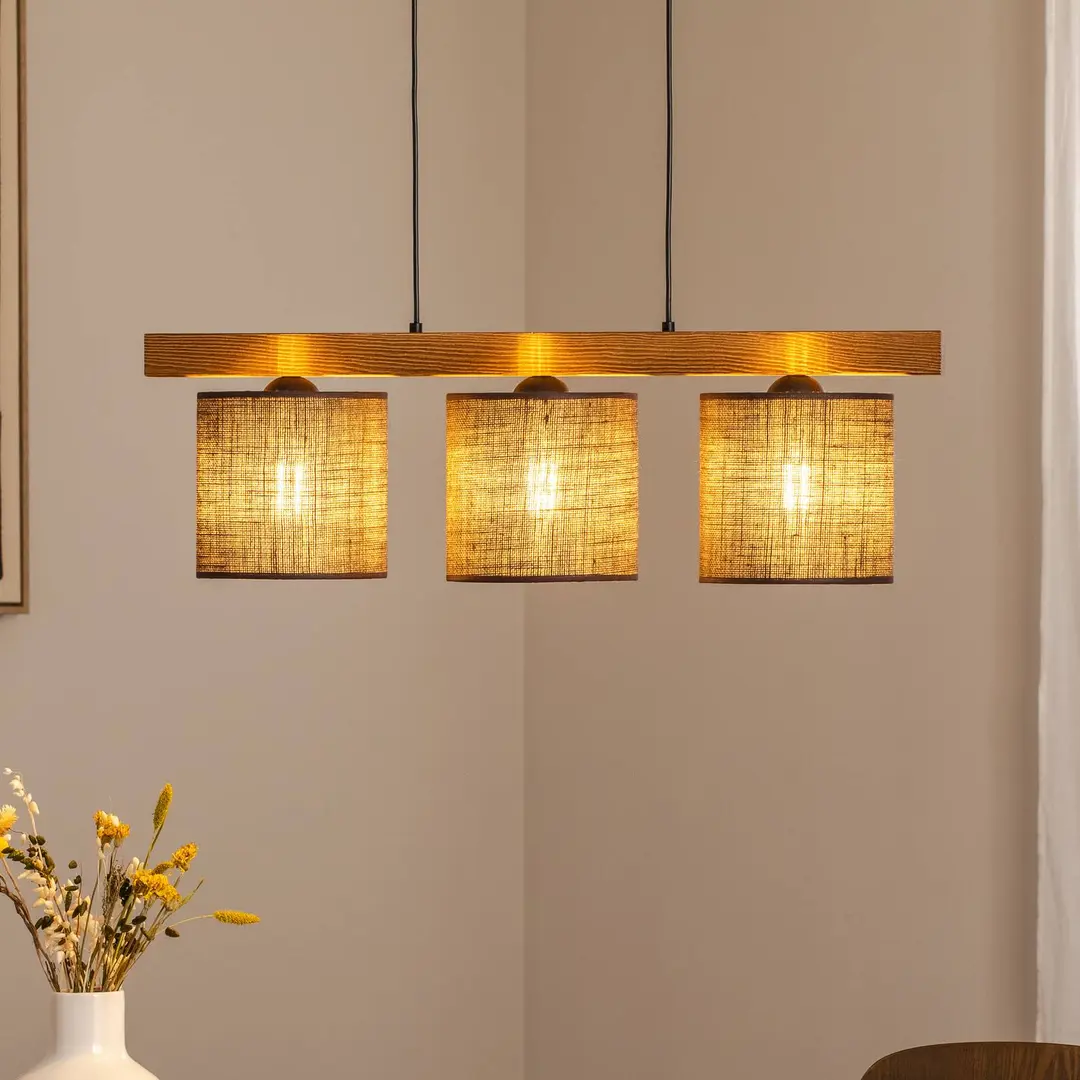 Duolla Pendellampe Forest, Holz hell/schwarz, Jute braun, 3-fl.