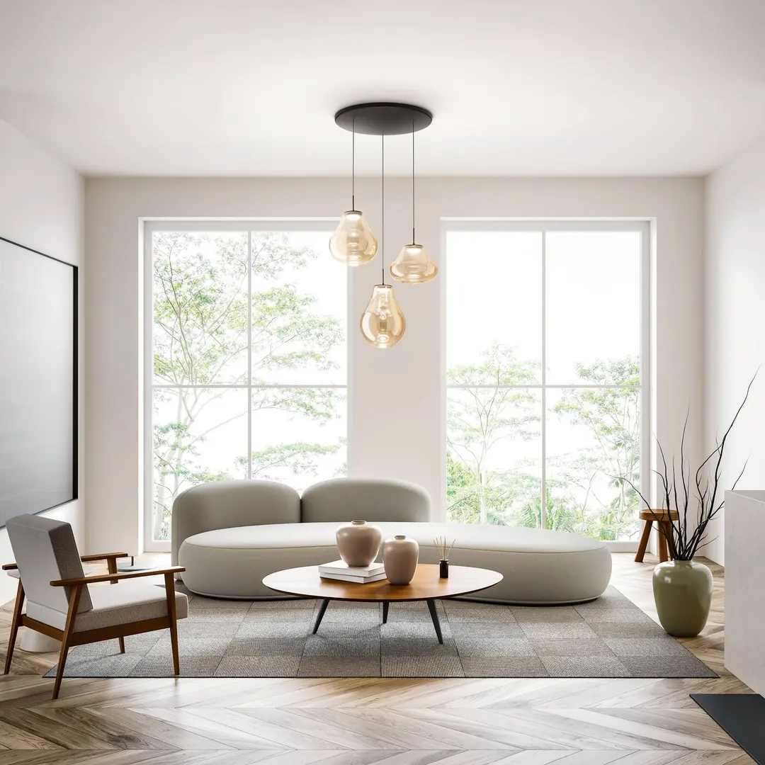 Fabas Luce LED-Pendelleuchte Deva, 3-flg., Ø 50 cm, amber, CCT, dimmbar