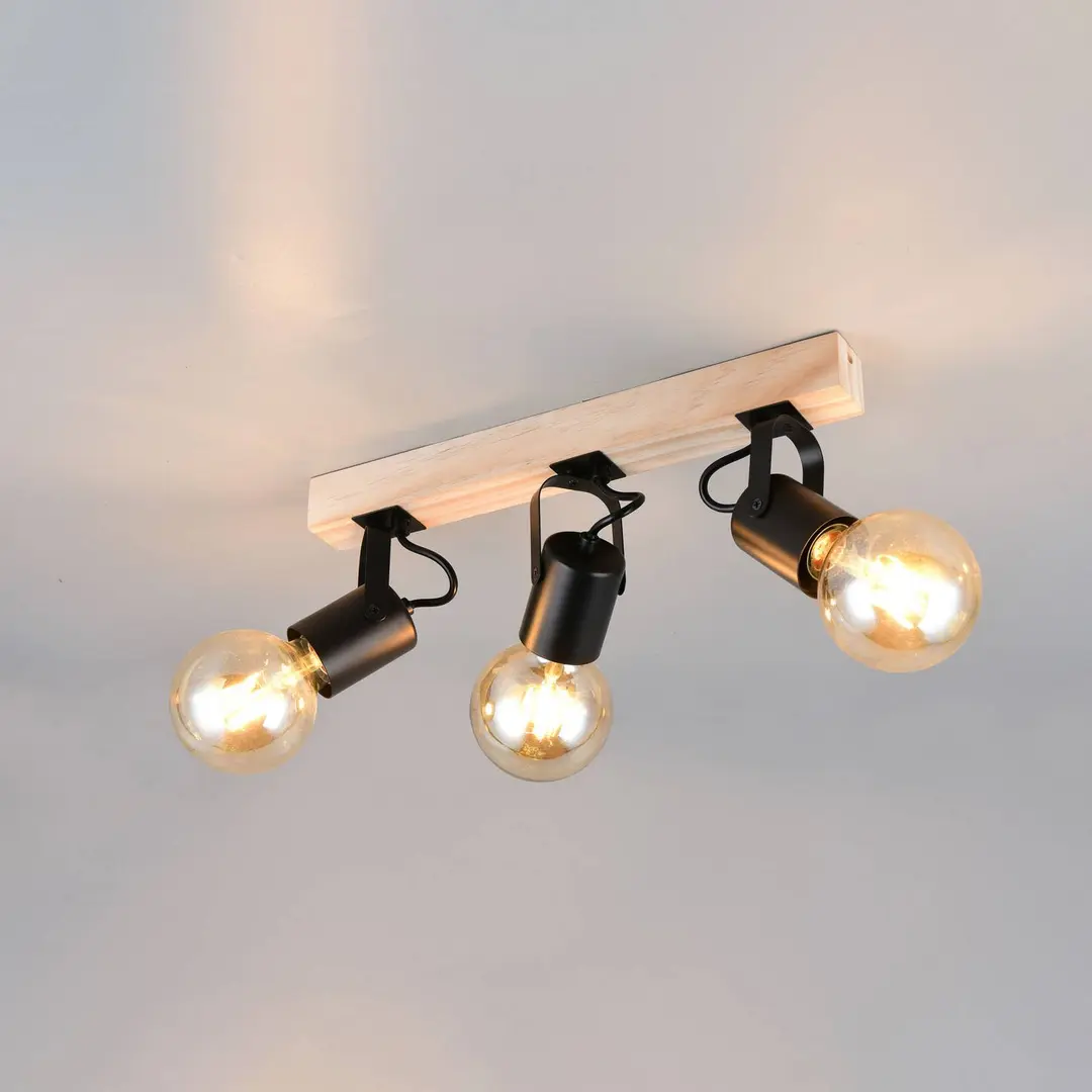 Reality Leuchten Deckenlampe Lynar, schwarz, Holz, Metall, Länge 42 cm 3-flg.
