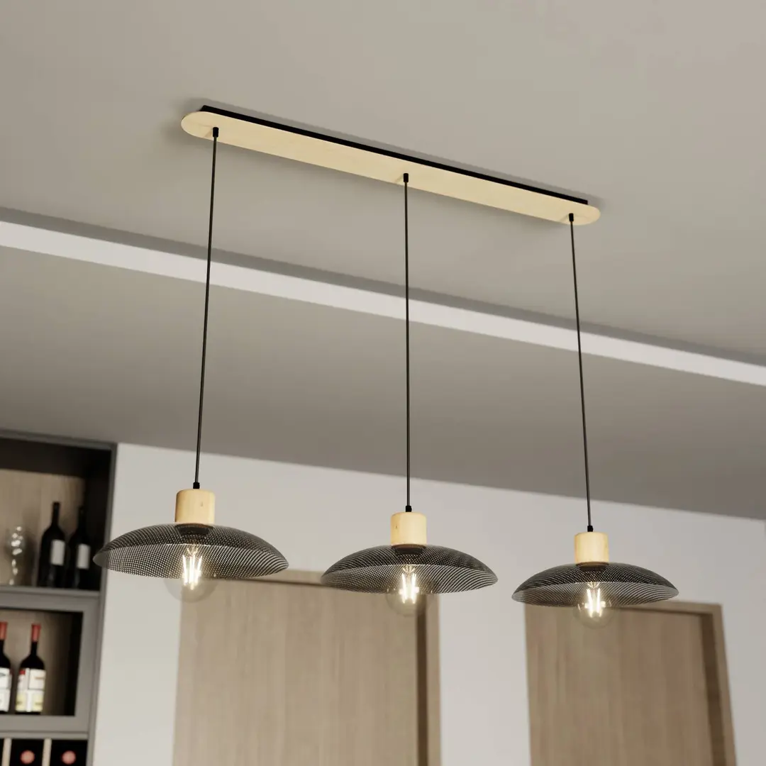 EMIBIG LIGHTING Hängeleuchte Kobe, dreiflammig, Stahl, Holz, schwarz