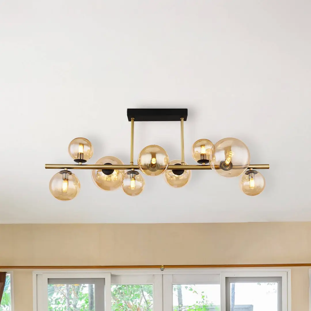 Globo Deckenlampe Riha, Länge 87 cm, amber/messingfarben, 9-flg.