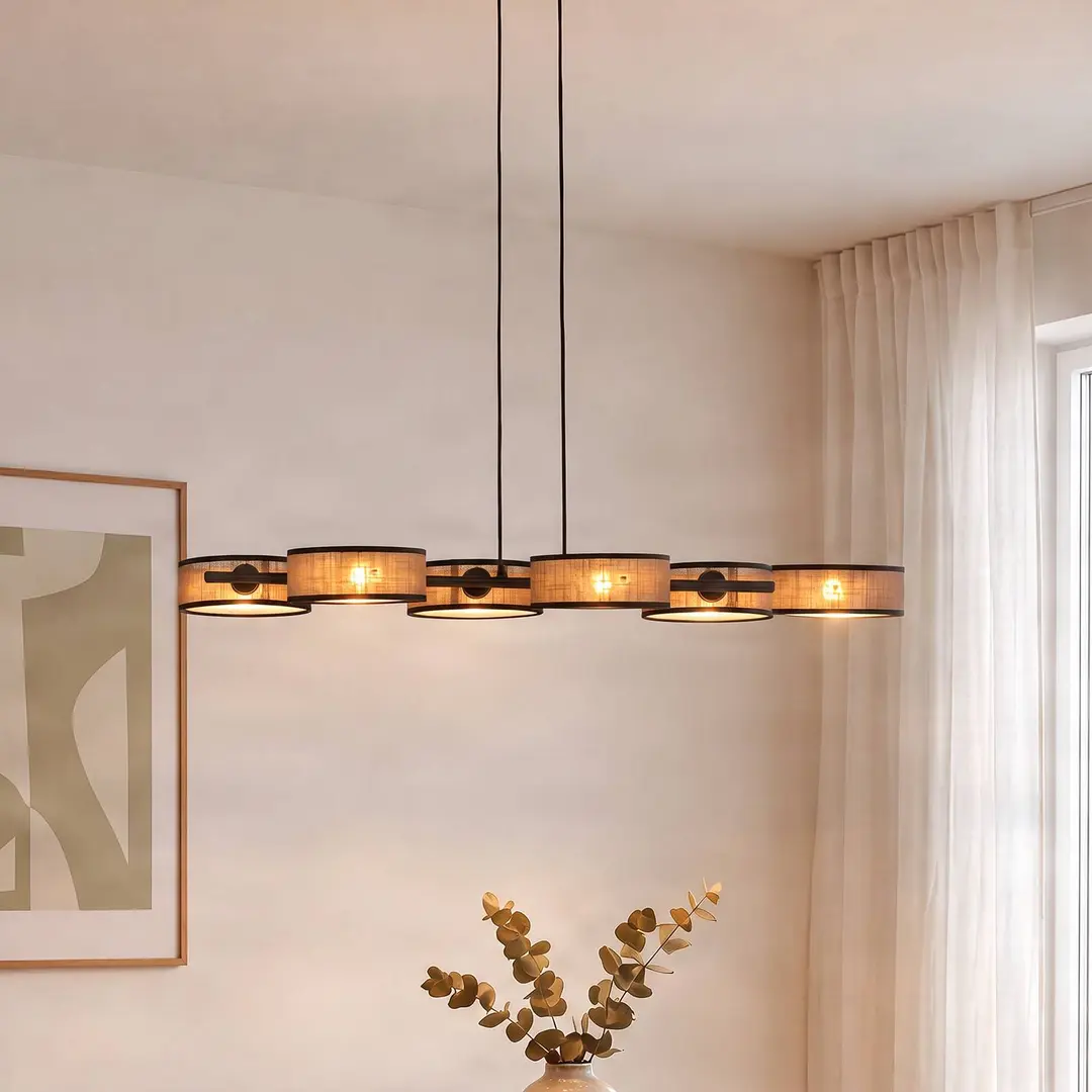 EMIBIG LIGHTING Hängeleuchte DRUMZ, braun, Länge 100 cm, 6-flg., Textil, E14