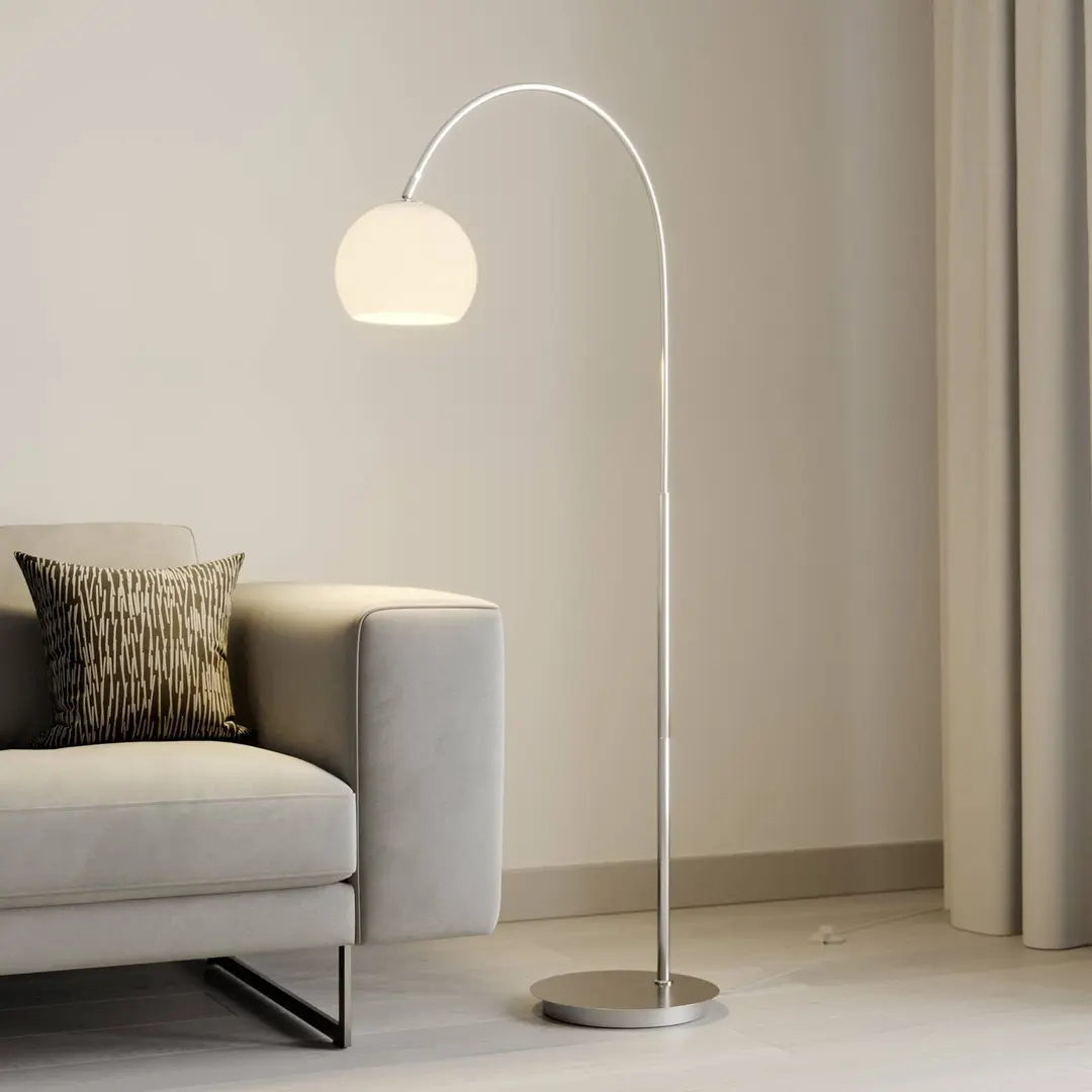 Lindby Bogenlampe Cynthia, nickelfarben, Glas, 140 cm, E27