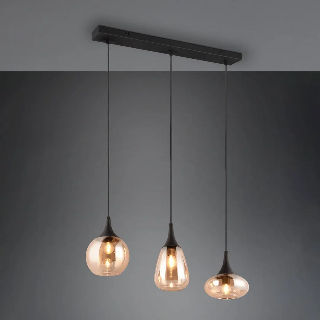 Trio Lighting Hängeleuchte Lumina, 3-flammig, schwarz/amber, Glas