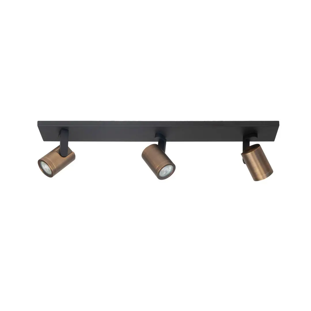 Highlight Deckenspot Halo, schwarz/messing brüniert Länge 65 cm 3-flg.