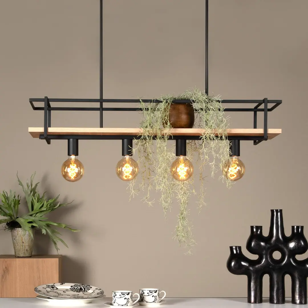 Lucide Hängelampe Milonga, schwarz, Länge 100 cm, Metall/Holz