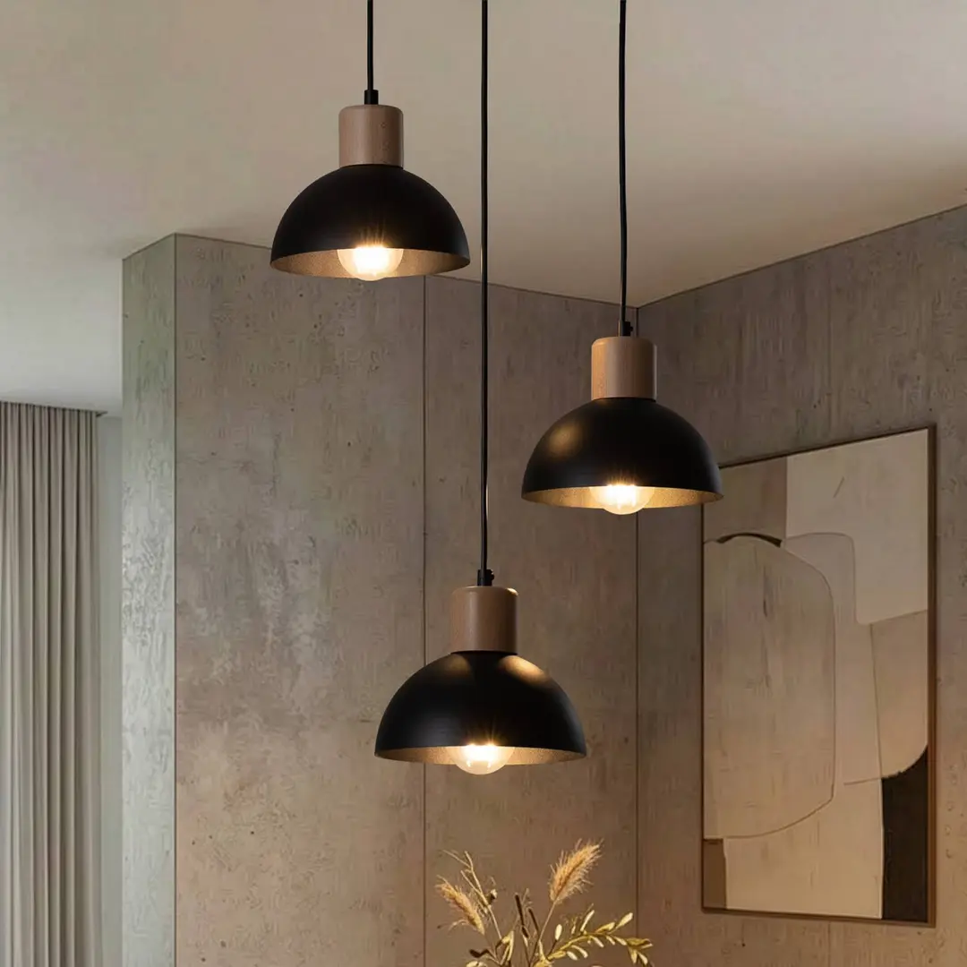 EMIBIG LIGHTING Pendellampe Seco, Ø 30 cm, schwarz, Metall/Holz, 3-flg.