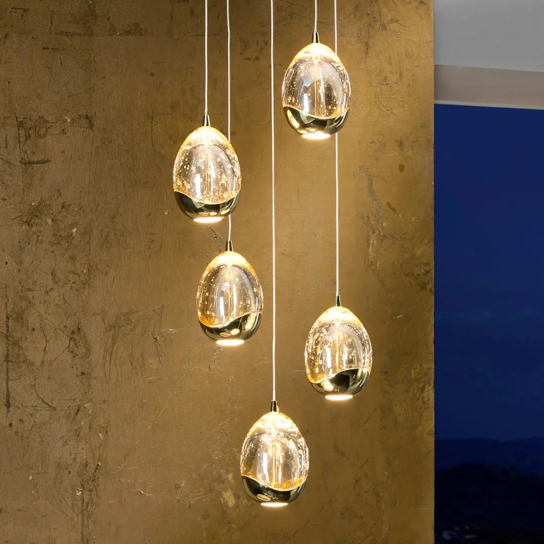 Schuller Valencia LED-Hängeleuchte Rocio, 5-fl., rund, Metall, Glas, gold