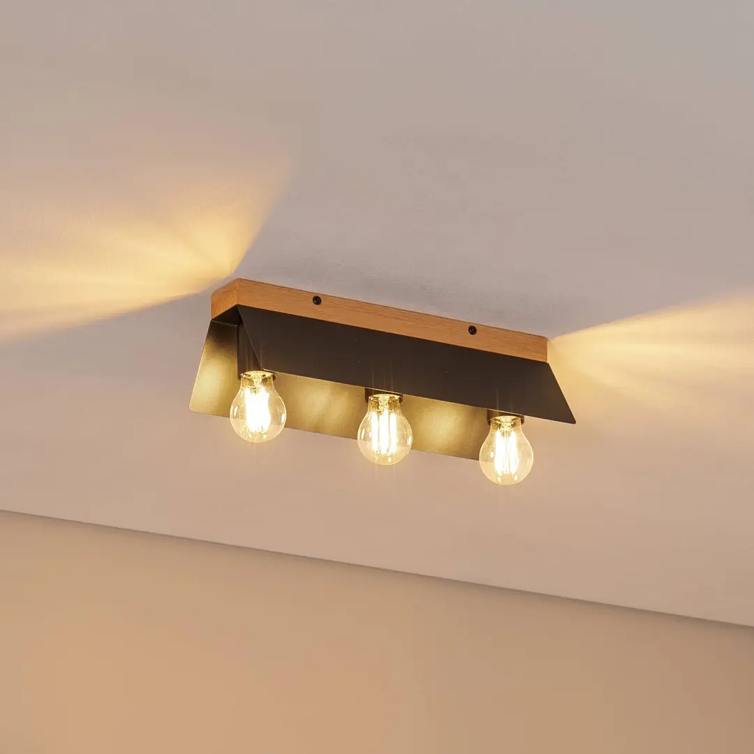 Lamkur Deckenlampe Esme, schwarz, Länge 40 cm, Metall/Holz, 3-flg.