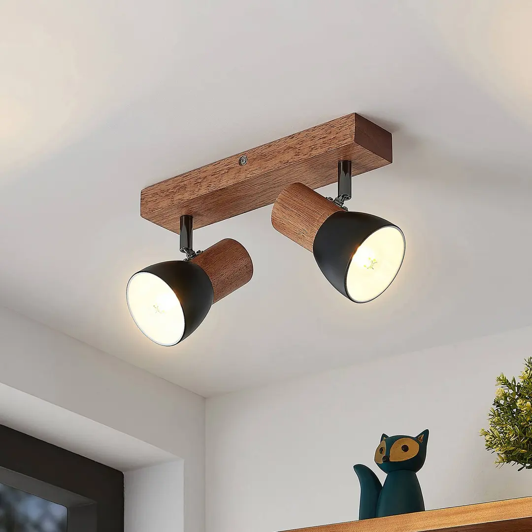Lindby Tonja Decken-Strahler mit Holz, zweiflammig