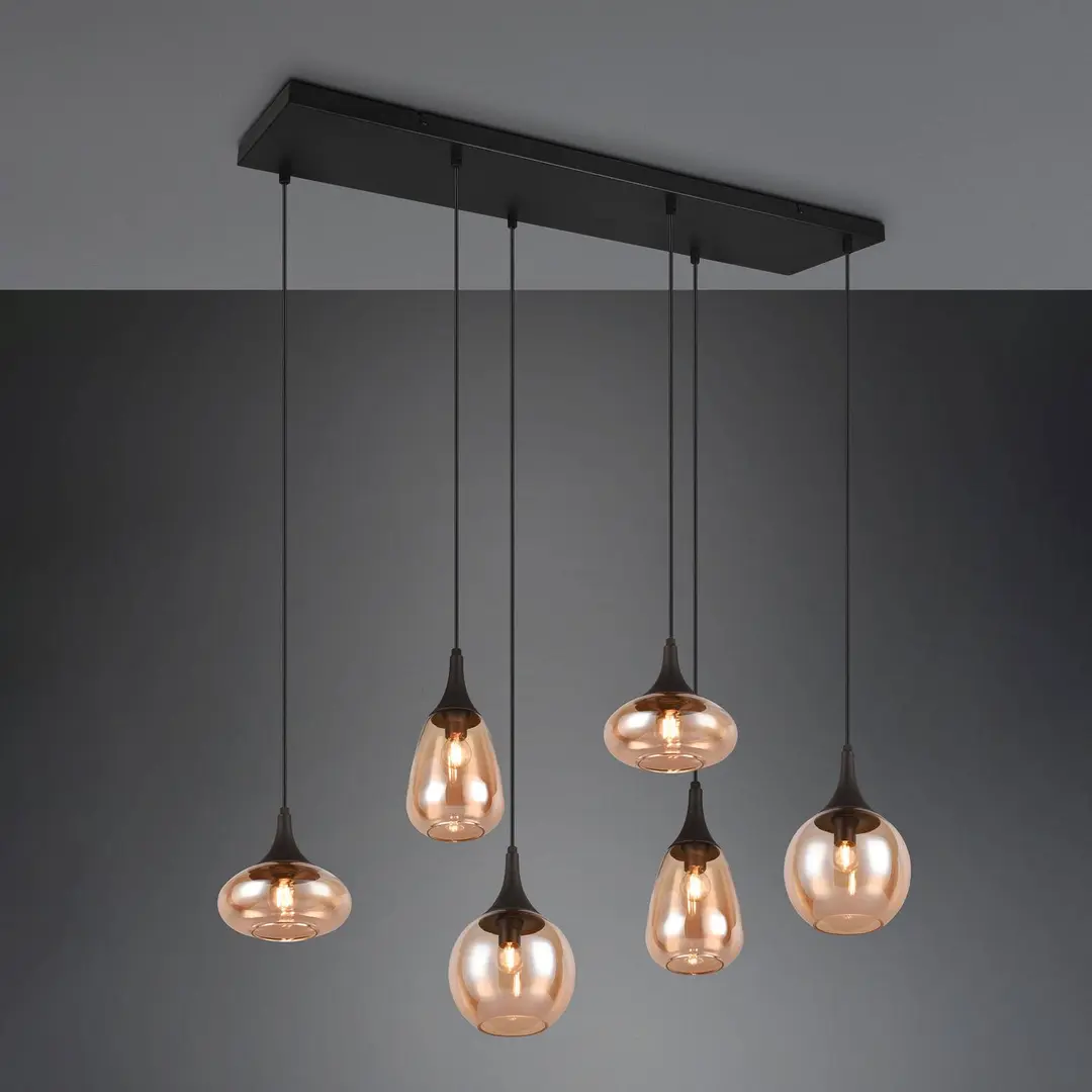 Trio Lighting Hängeleuchte Lumina, 6-flammig, schwarz/amber, Glas