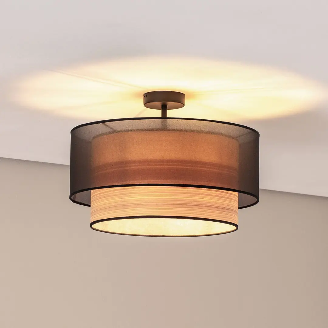 Duolla Deckenlampe Cedrik, Organza schwarz, Eschenfurnier 45 cm