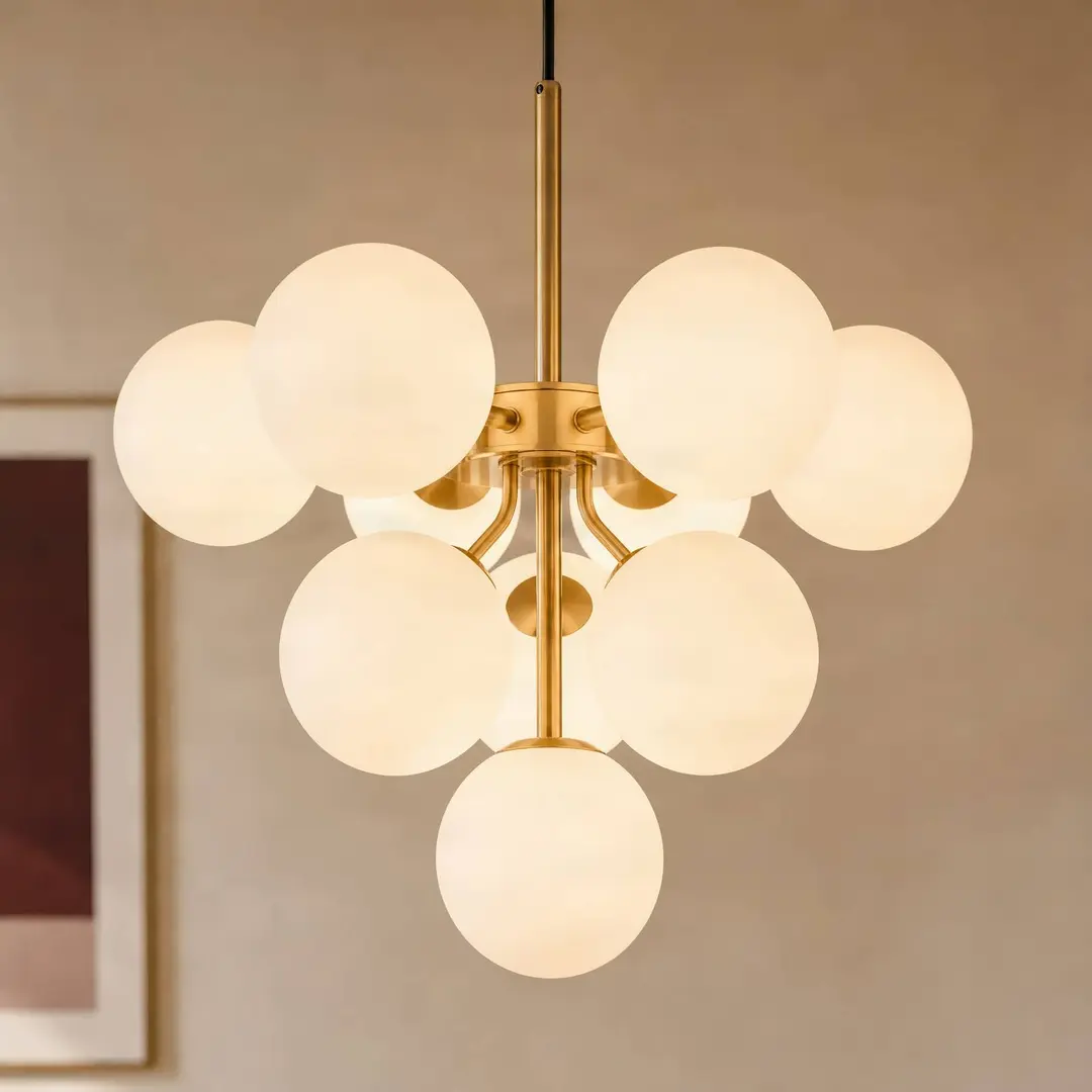 Lucande Hängeleuchte Peyton, 10-flammig, gold/weiß, Glas
