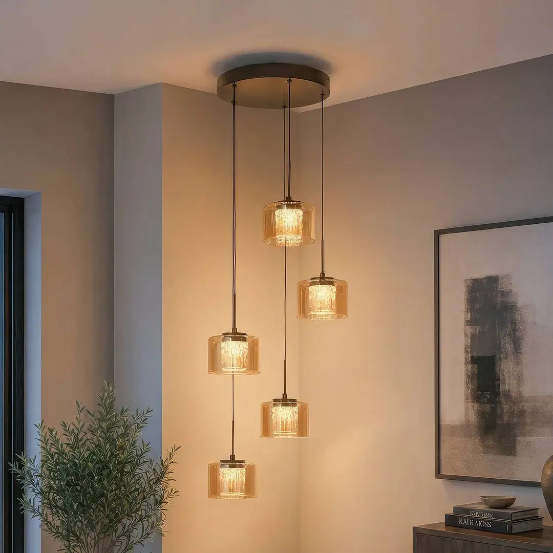 Searchlight LED-Hängeleuchte Tumblers, 5-fl. rund, bronze, Glas, 3.000 K