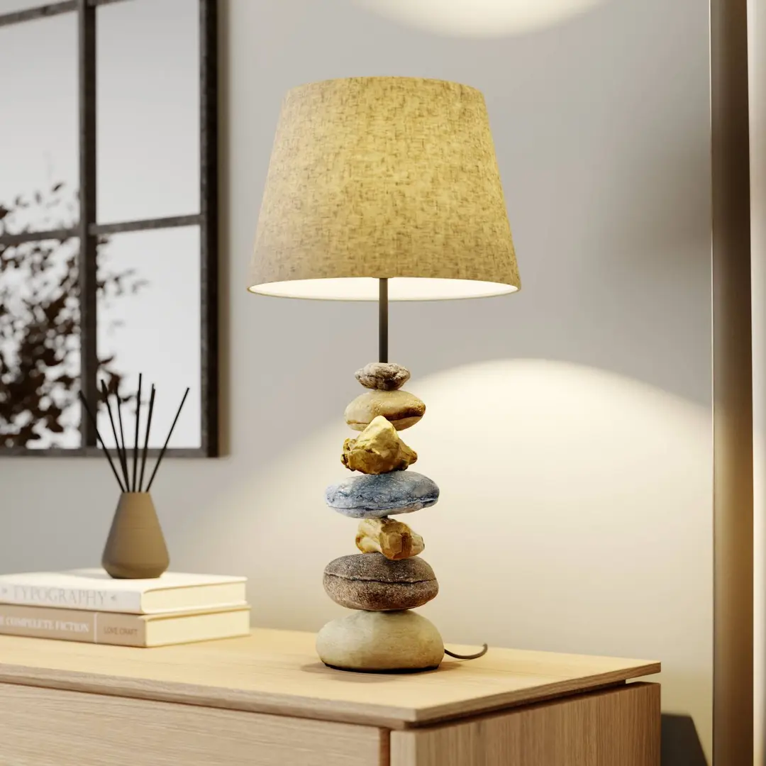 ONLI Tischlampe Vera, Stoffschirm und Stein-Dekor, 55cm