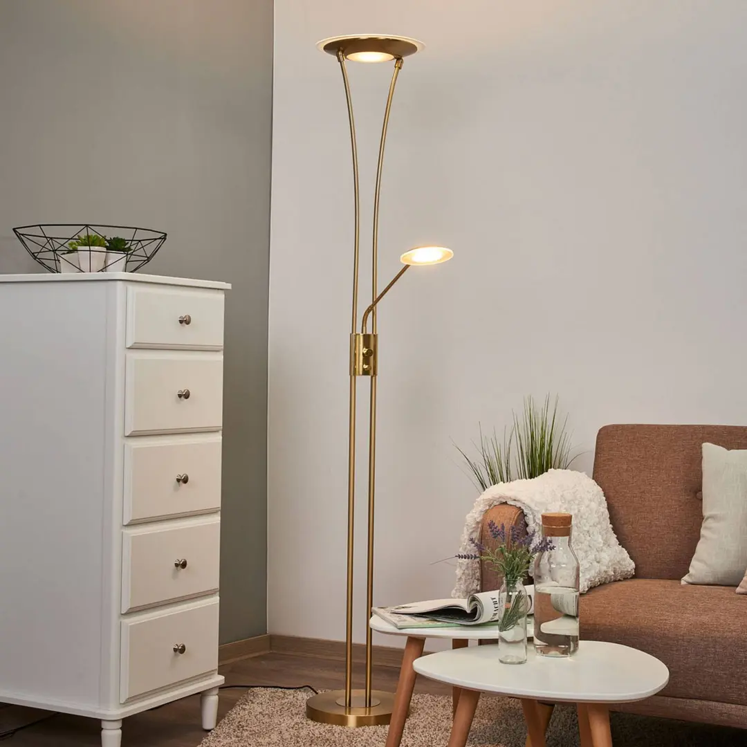 Lindby LED-Deckenfluter Eda, Höhe 180 cm, messing, dimmbar